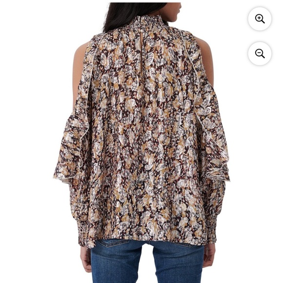 Maje abstract paisley metallic sheen print top cold shoulder long sleeve size L - Picture 3 of 8